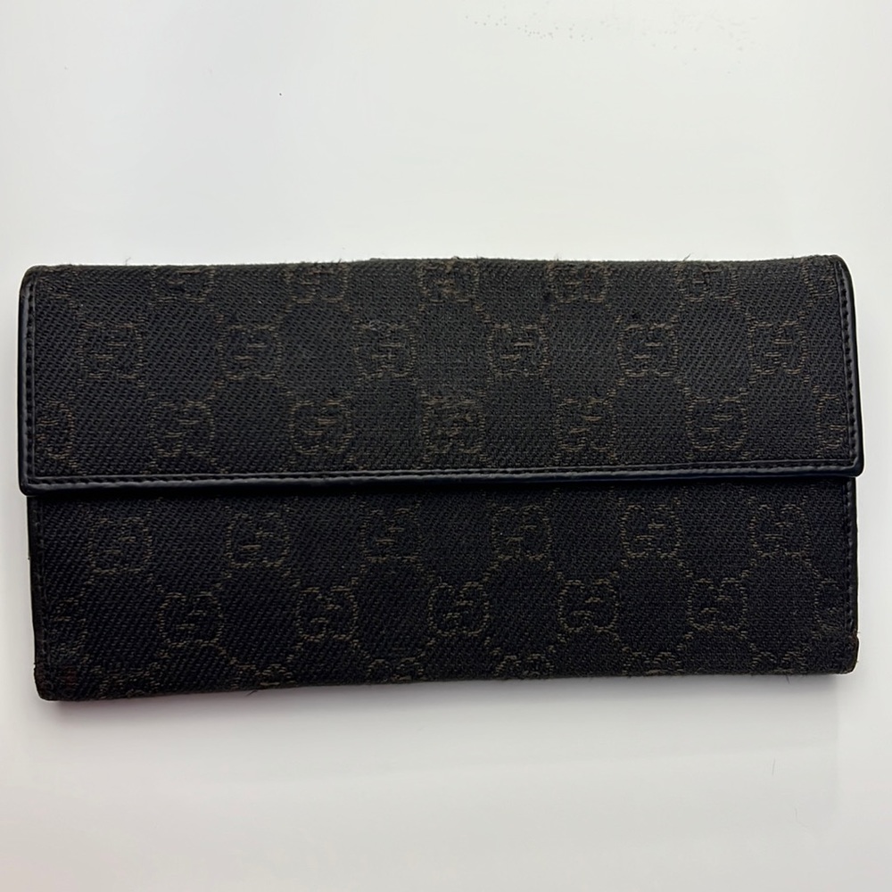 Auth. GUCCI GG Logo Canvas & Leather Long Bi-fold Wallet Brown Black Monogram - Picture 4 of 17